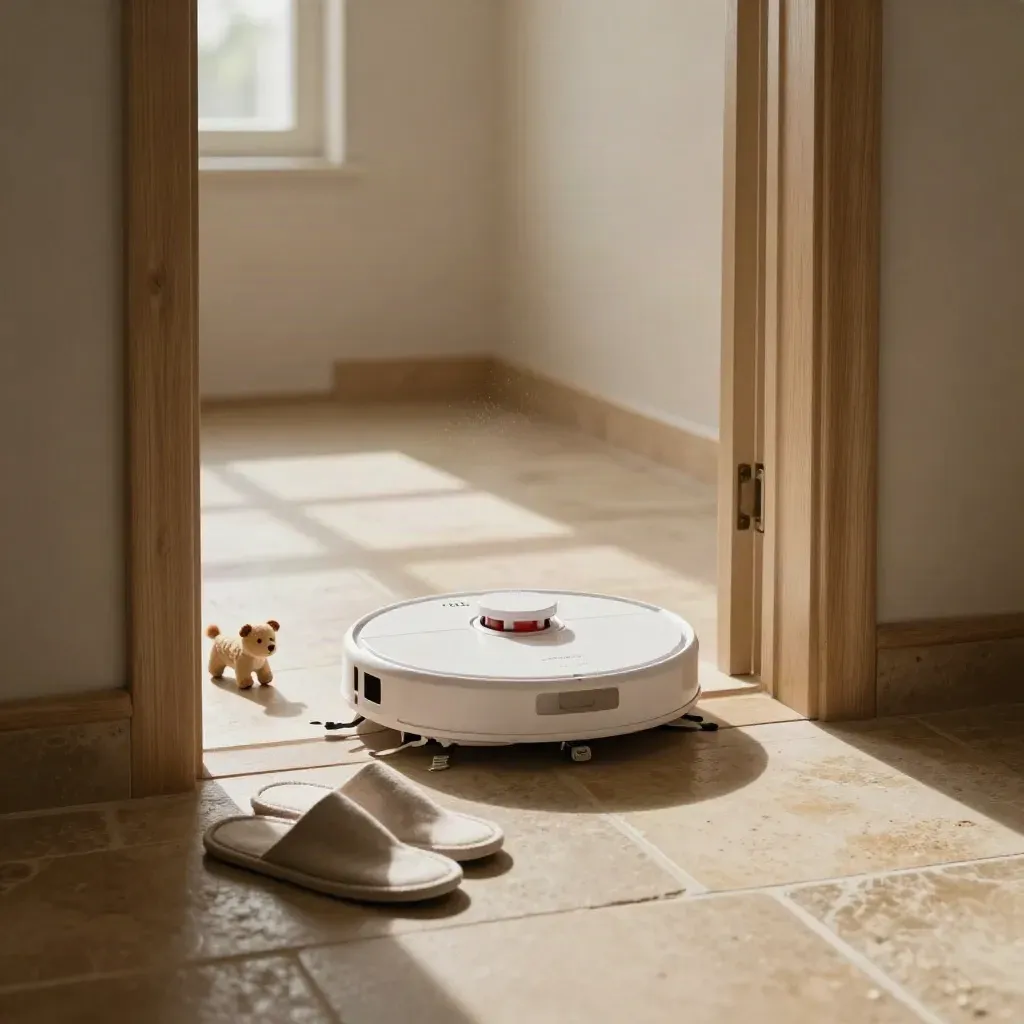 Robot aspirapolvere bianco che curva in un corridoio piastrellato con pantofole e un giocattolo per animali