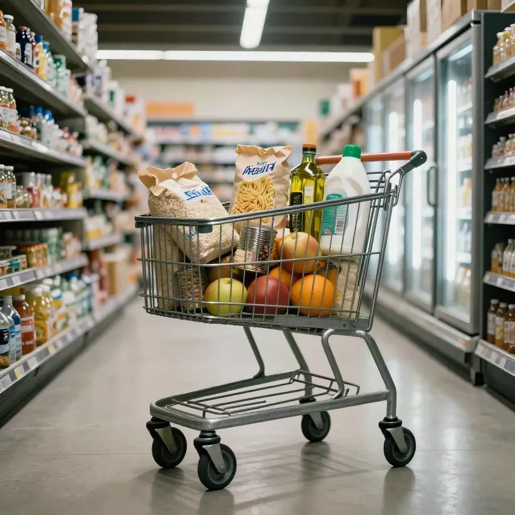 Carrello della spesa pieno di generi alimentari e detersivo in un corridoio di supermercato
